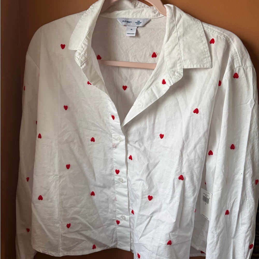 Old Navy White Button-Down Shirt with Red Heart Embroidery